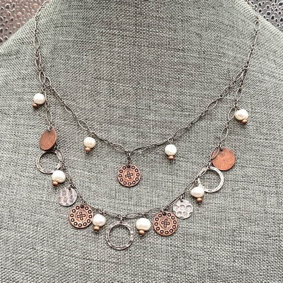 Silpada N1567 Sterling Silver 925 Copper Coin Pearl Cha Cha Necklace Layered - Picture 7 of 8